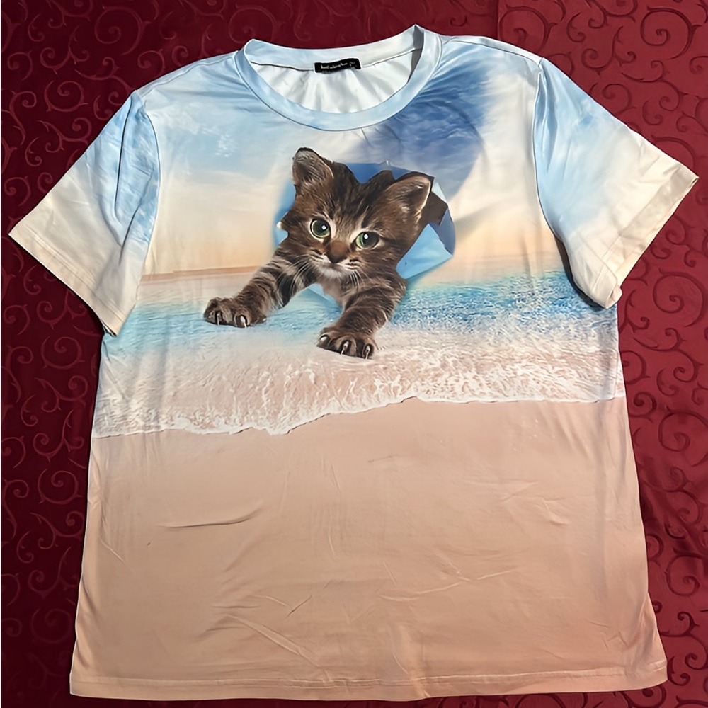 Cat Print T-Shirt - Blue, Peach and Brown